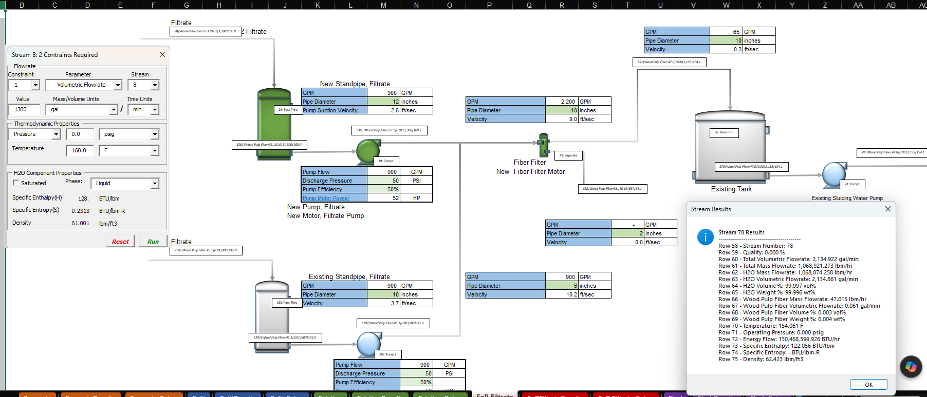 iBalance Excel flowsheet showing tanks, pumps, filters, stream constraints, and stream results