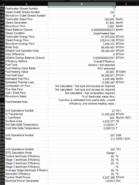 iBalance Excel simulation results listing boiler, heat exchanger, split, and turbine calculations